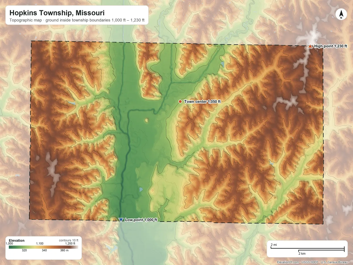 Topographic elevation map of Hopkins Township, Missouri, shaded from 1,000 ft on the southwest side to 1,230 ft on the northeast side
