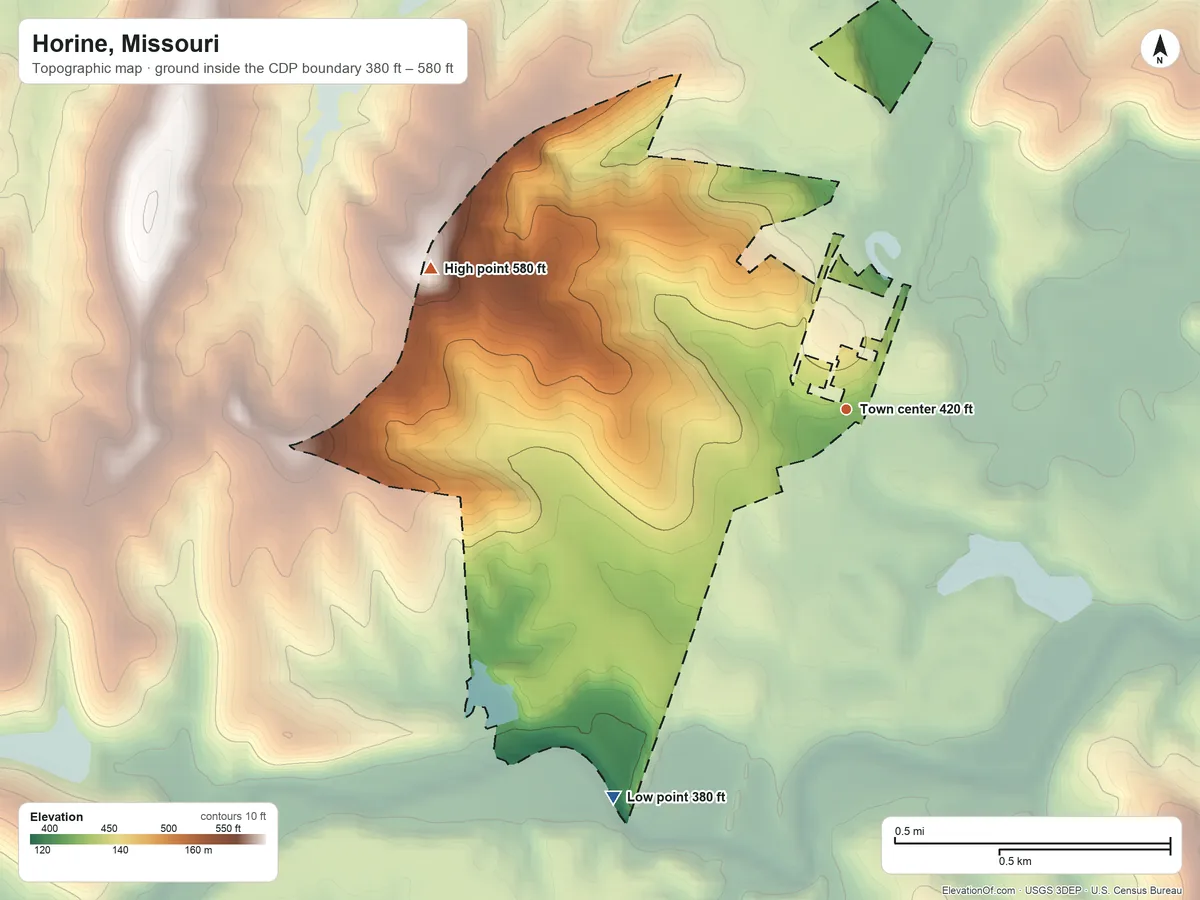 Topographic elevation map of Horine, Missouri, shaded from 380 ft on the southwest side to 580 ft on the west side