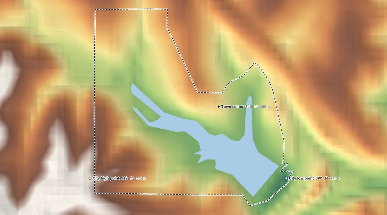 Topographic elevation map of Houston Lake, Missouri, shaded from 800 ft on the southeast side to 910 ft on the southwest side