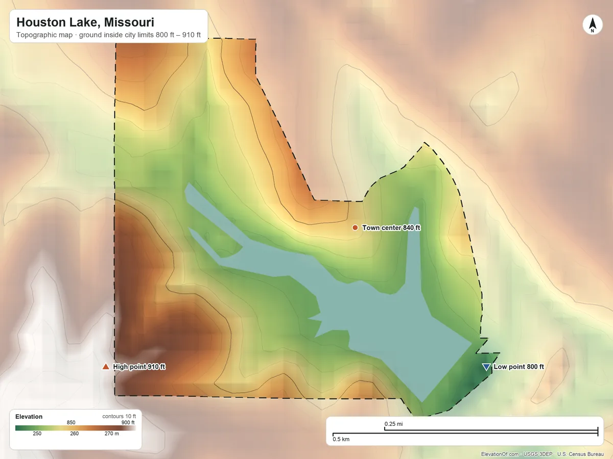 Topographic elevation map of Houston Lake, Missouri, shaded from 800 ft on the southeast side to 910 ft on the southwest side
