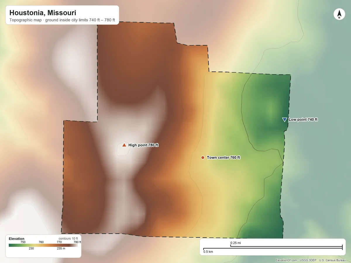 Topographic elevation map of Houstonia, Missouri, shaded from 740 ft on the northeast side to 780 ft on the west side