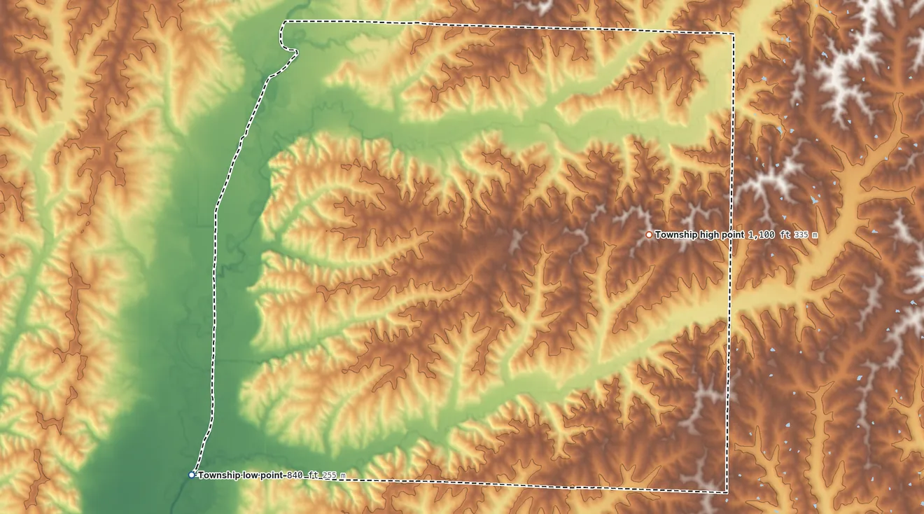 Topographic elevation map of Howard Township, Gentry County, Missouri, shaded from 840 ft on the southwest side to 1,100 ft on the northeast side