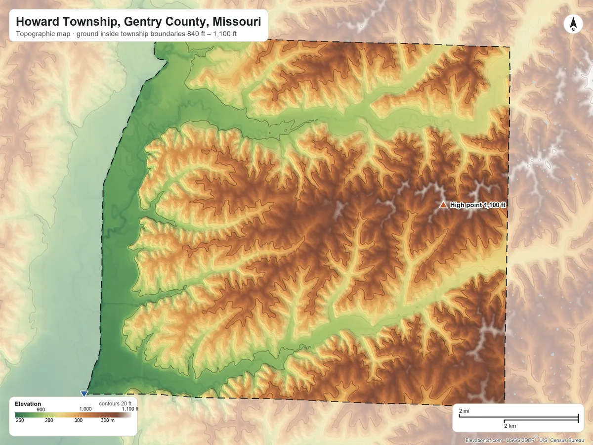 Topographic elevation map of Howard Township, Gentry County, Missouri, shaded from 840 ft on the southwest side to 1,100 ft on the northeast side