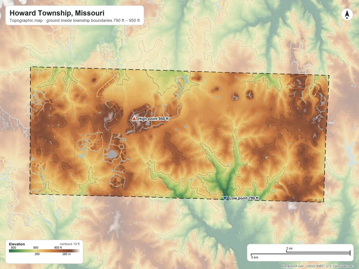 Topographic elevation map of Howard Township, Missouri, shaded from 790 ft on the southeast side to 950 ft near the middle