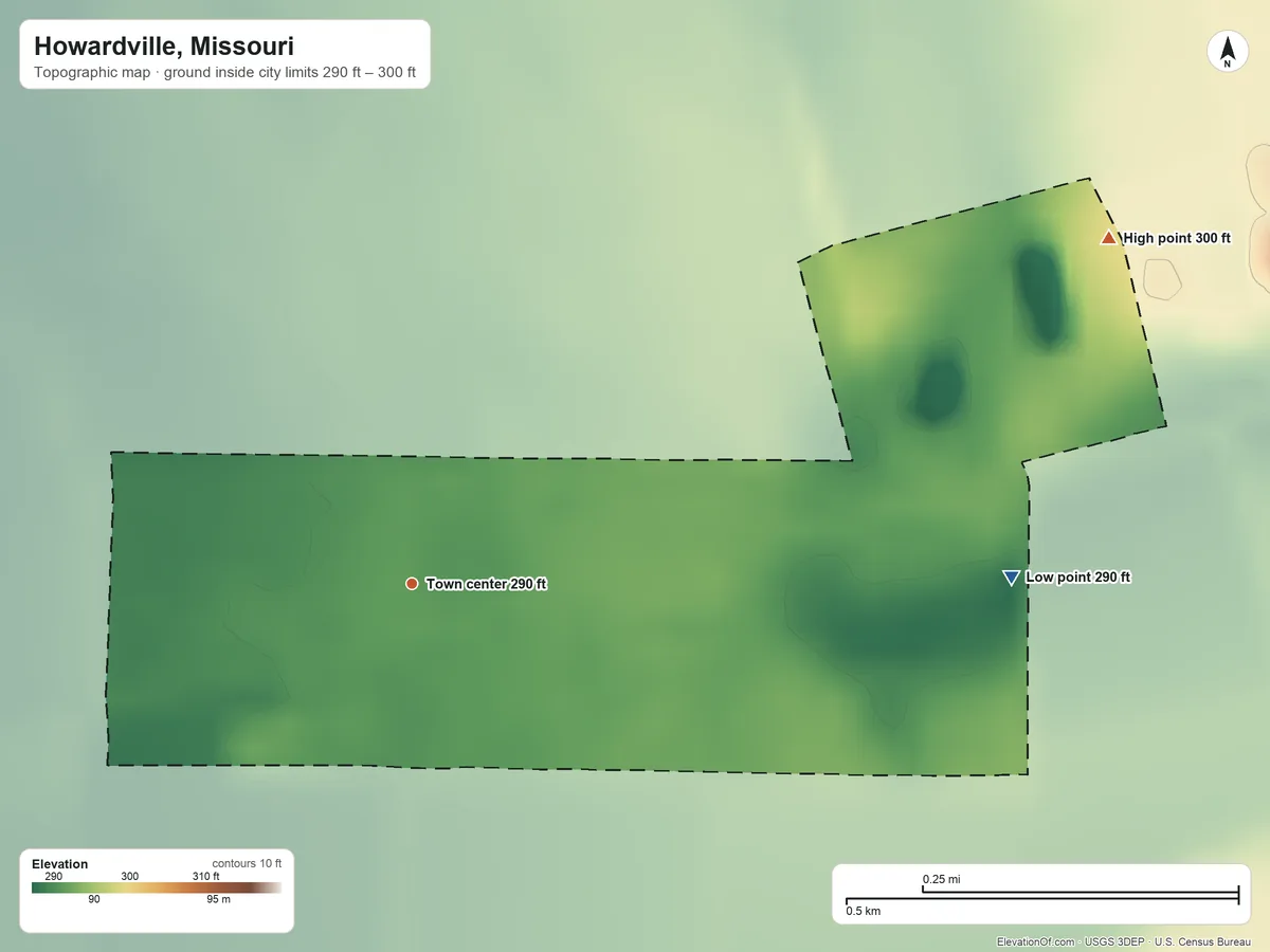 Topographic elevation map of Howardville, Missouri, shaded from 290 ft on the east side to 300 ft on the northeast side