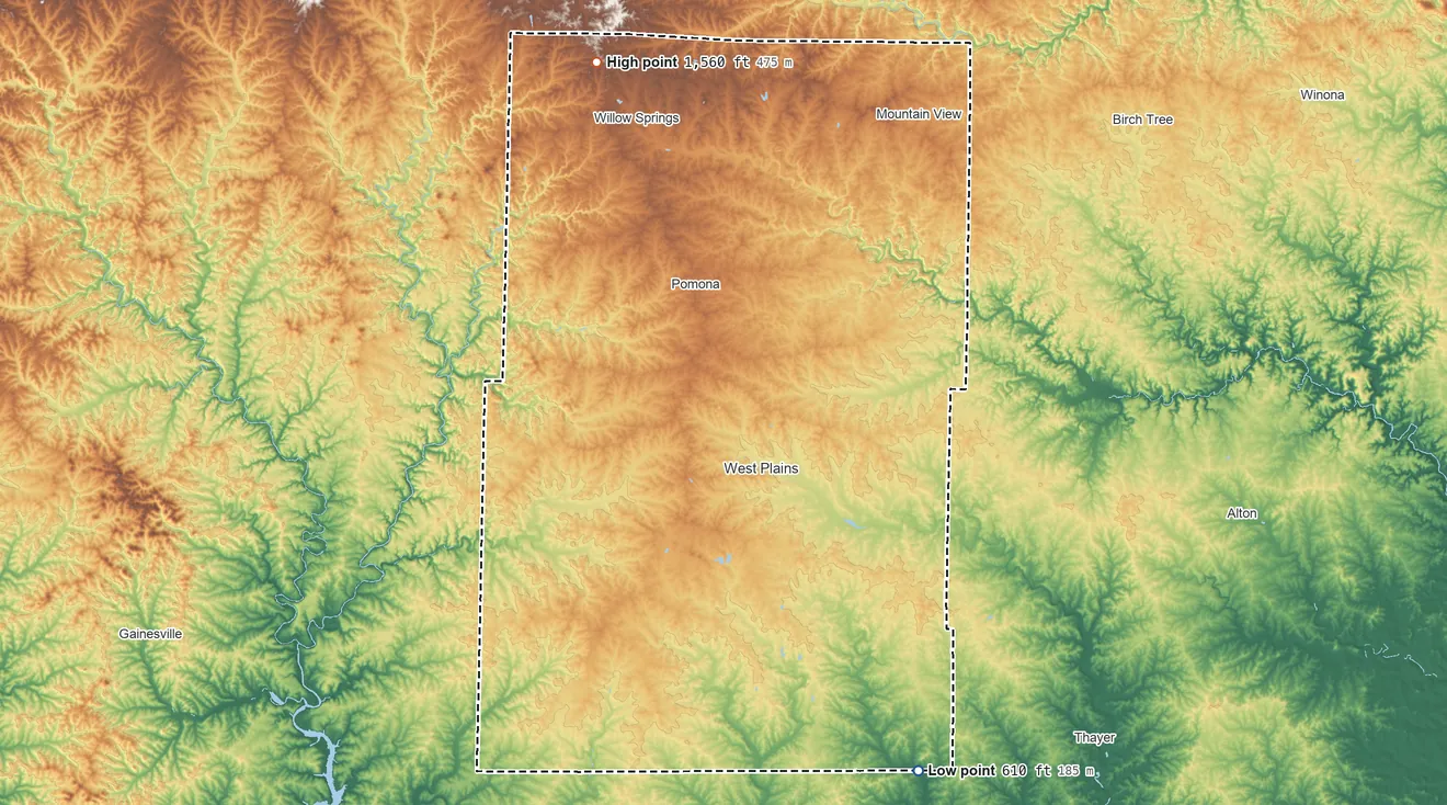 Topographic elevation map of Howell County, Missouri, shaded from 610 ft on the southeast side to 1,560 ft on the north side