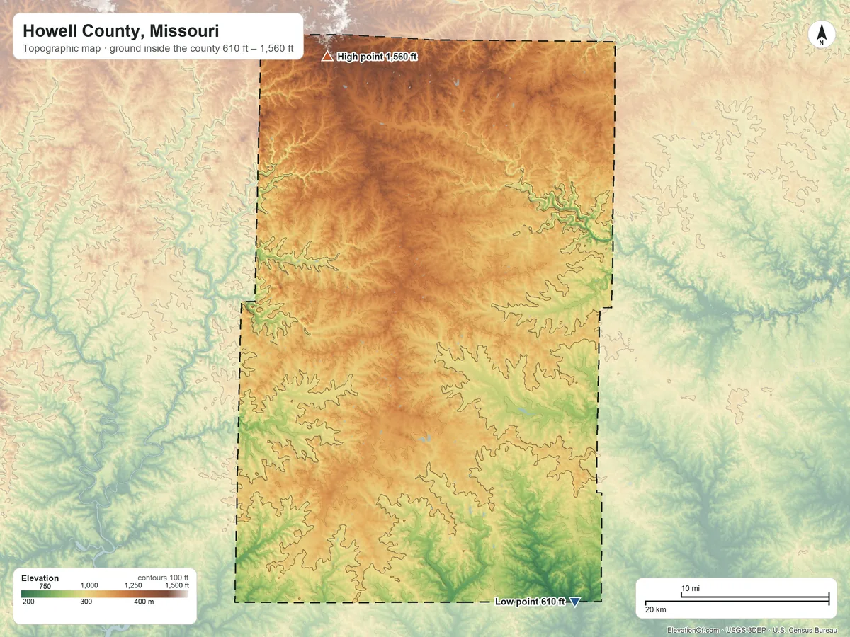 Topographic elevation map of Howell County, Missouri, shaded from 610 ft on the southeast side to 1,560 ft on the north side