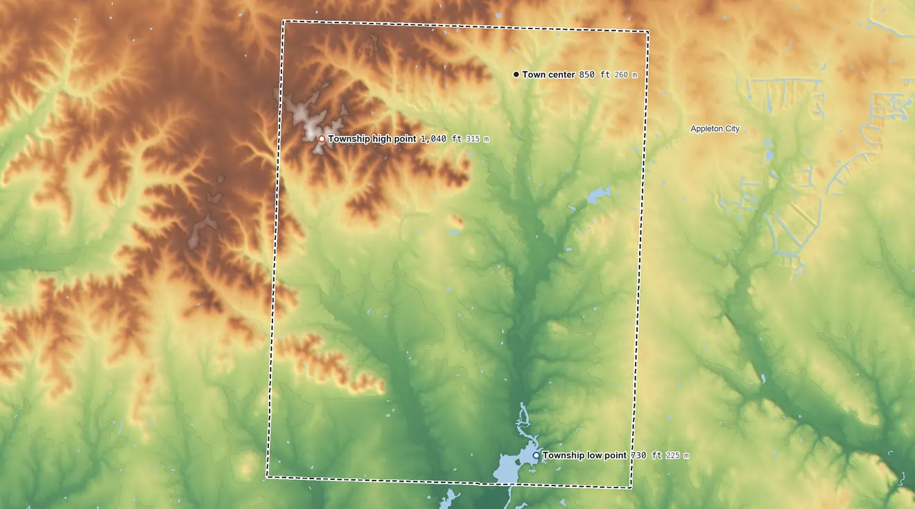 Topographic elevation map of Hudson Township, Missouri, shaded from 730 ft on the south side to 1,040 ft on the west side