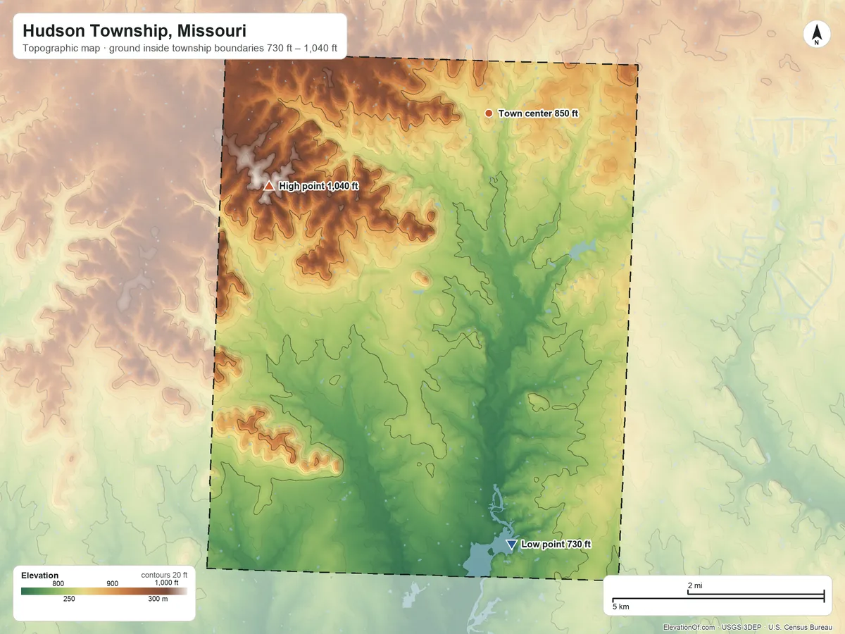Topographic elevation map of Hudson Township, Missouri, shaded from 730 ft on the south side to 1,040 ft on the west side