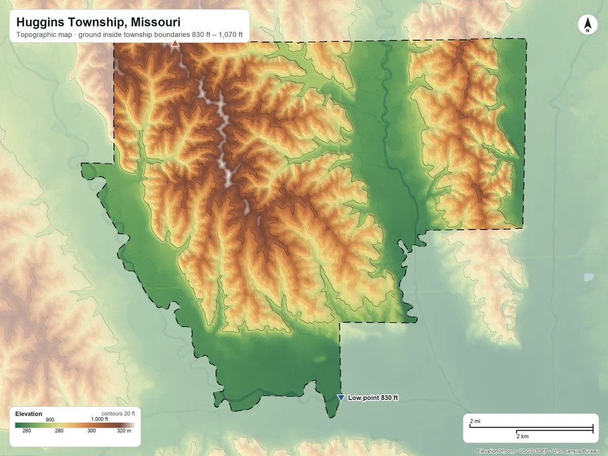 Topographic elevation map of Huggins Township, Missouri, shaded from 830 ft on the south side to 1,070 ft on the northwest side