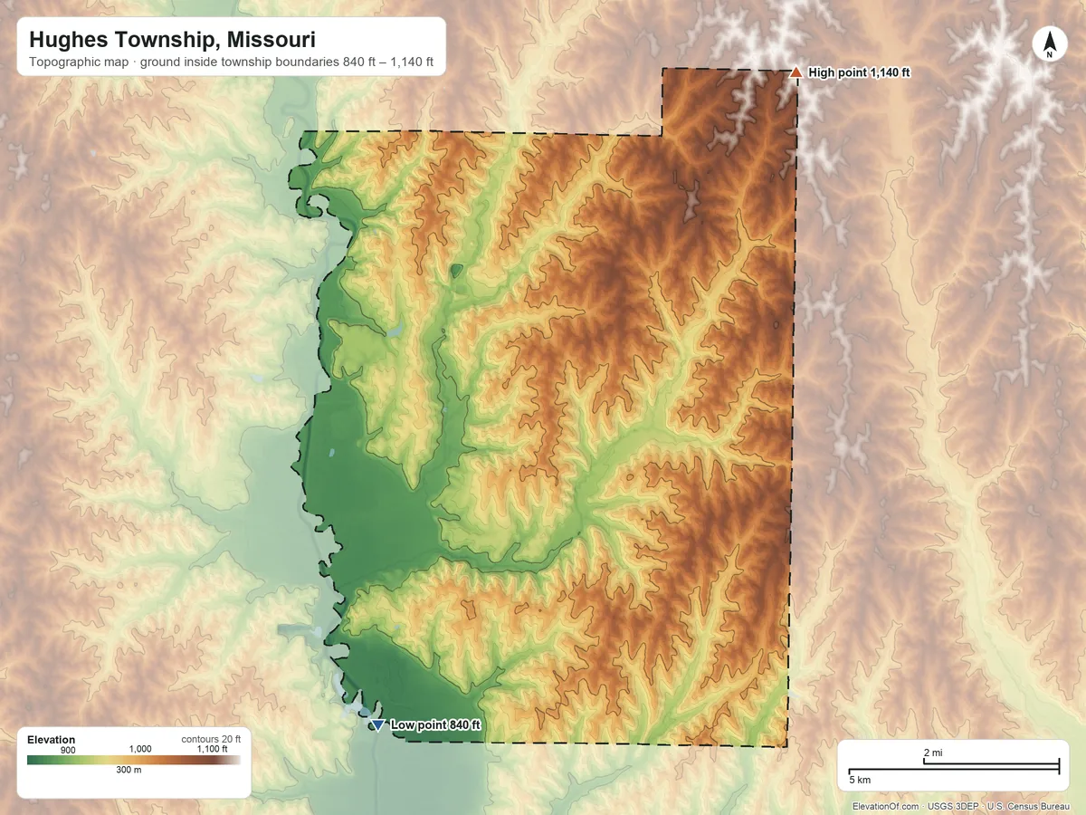 Topographic elevation map of Hughes Township, Missouri, shaded from 840 ft on the south side to 1,140 ft on the northeast side