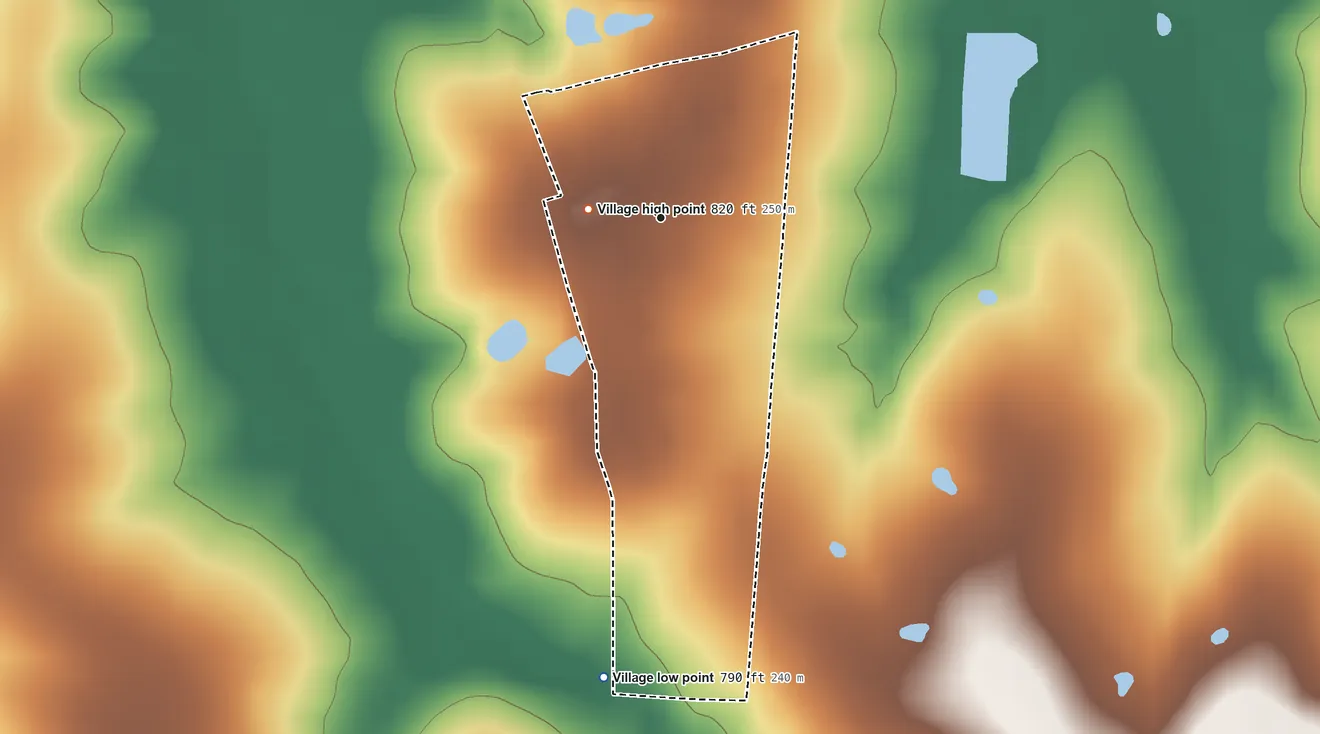 Topographic elevation map of Hughesville, Missouri, shaded from 790 ft on the south side to 820 ft near the middle