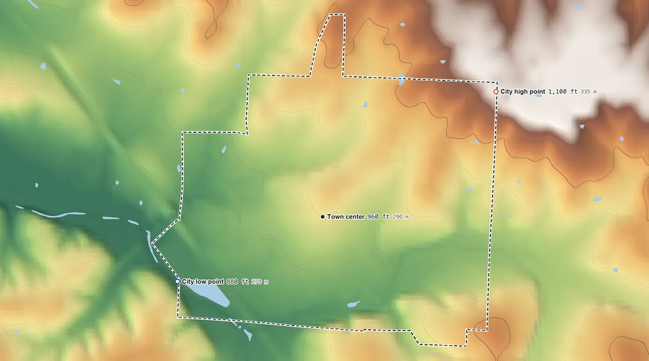 Topographic elevation map of Humansville, Missouri, shaded from 880 ft on the southwest side to 1,100 ft on the northeast side