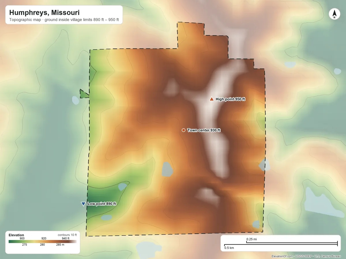 Topographic elevation map of Humphreys, Missouri, shaded from 890 ft on the southwest side to 950 ft on the northeast side
