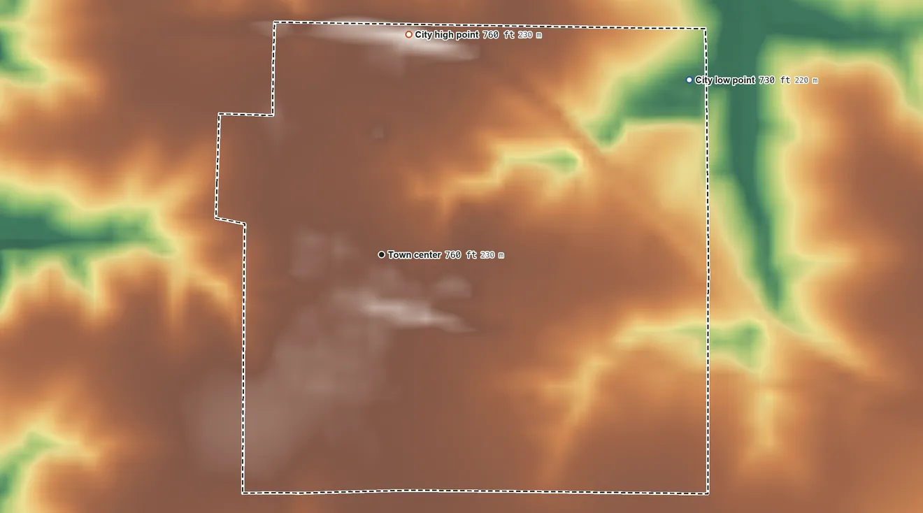 Topographic elevation map of Hunnewell, Missouri, shaded from 730 ft on the northeast side to 760 ft on the north side