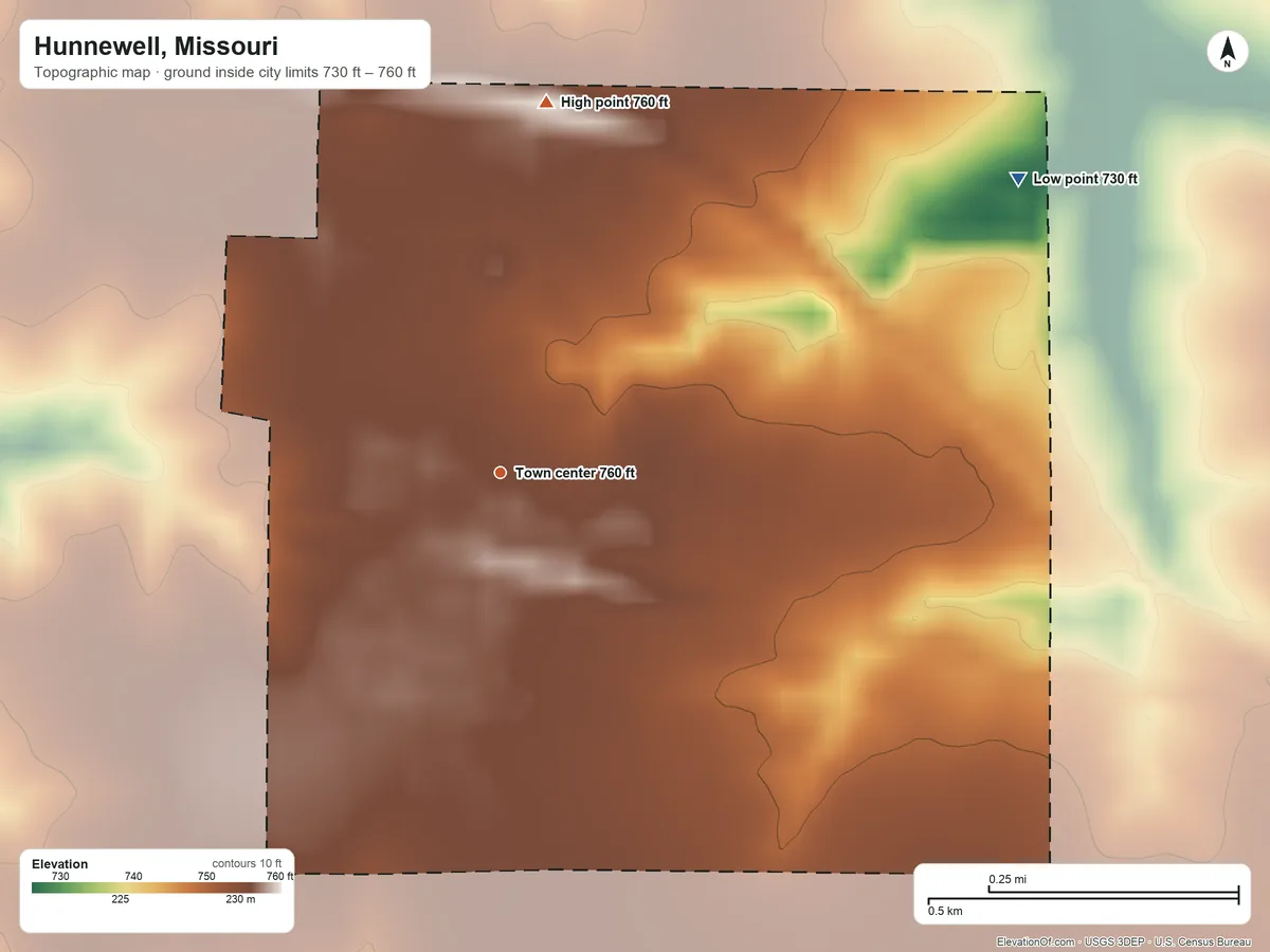 Topographic elevation map of Hunnewell, Missouri, shaded from 730 ft on the northeast side to 760 ft on the north side
