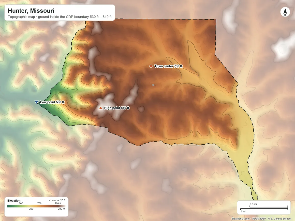 Topographic elevation map of Hunter, Missouri, shaded from 530 ft on the west side to 840 ft on the southwest side