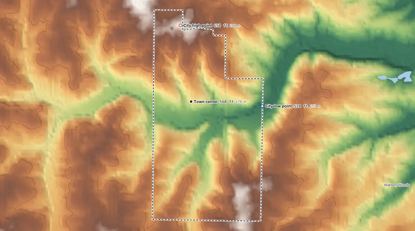 Topographic elevation map of Huntleigh, Missouri, shaded from 510 ft on the east side to 650 ft on the north side
