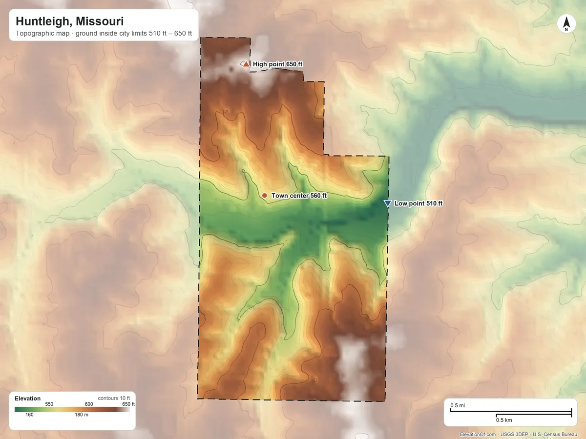 Topographic elevation map of Huntleigh, Missouri, shaded from 510 ft on the east side to 650 ft on the north side