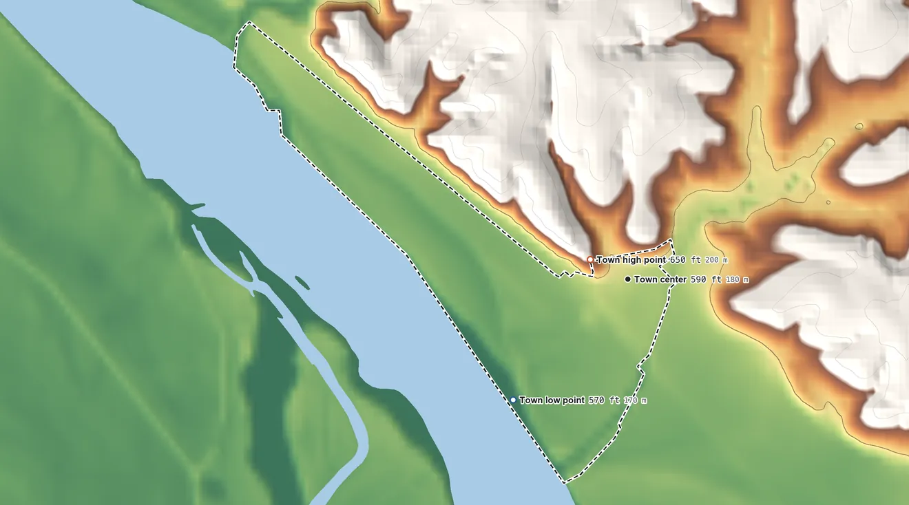 Topographic elevation map of Huntsdale, Missouri, shaded from 570 ft on the southwest side to 650 ft near the middle