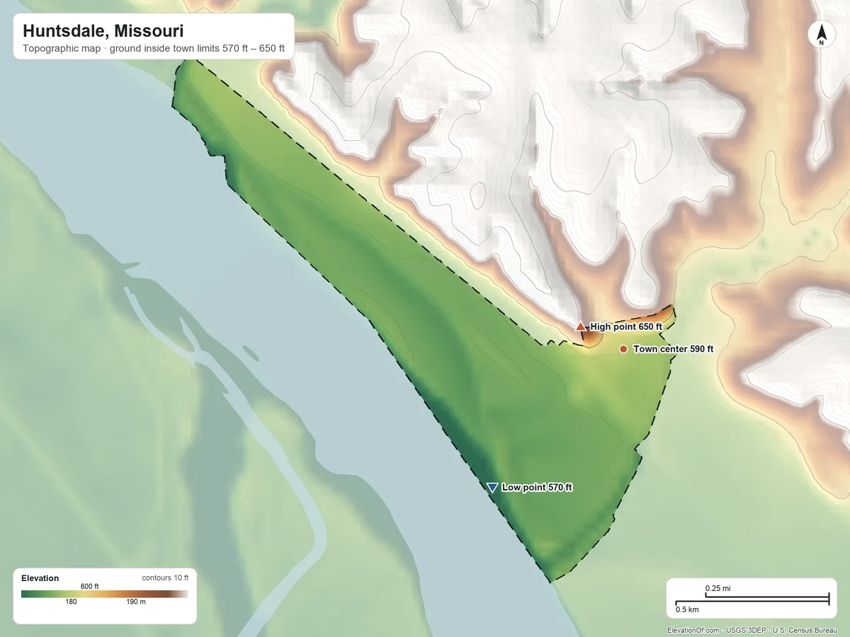 Topographic elevation map of Huntsdale, Missouri, shaded from 570 ft on the southwest side to 650 ft near the middle