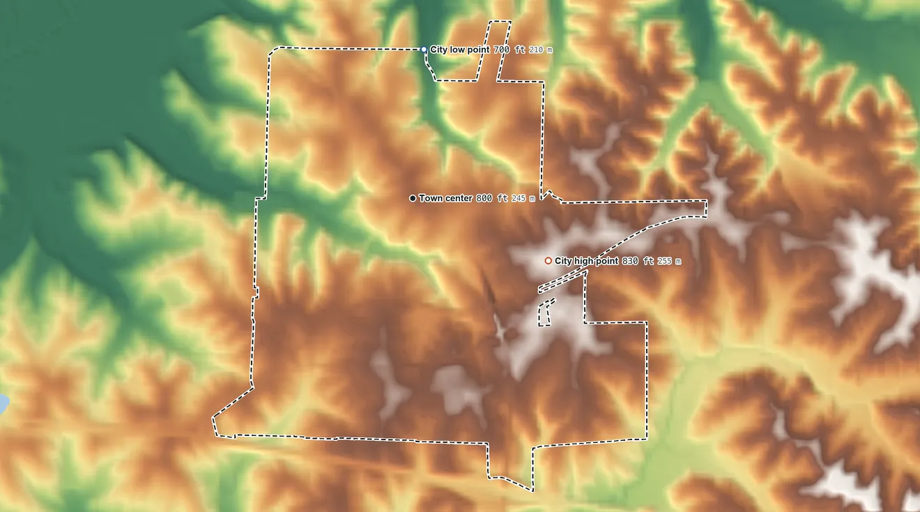 Topographic elevation map of Huntsville, Missouri, shaded from 700 ft on the north side to 830 ft on the southeast side