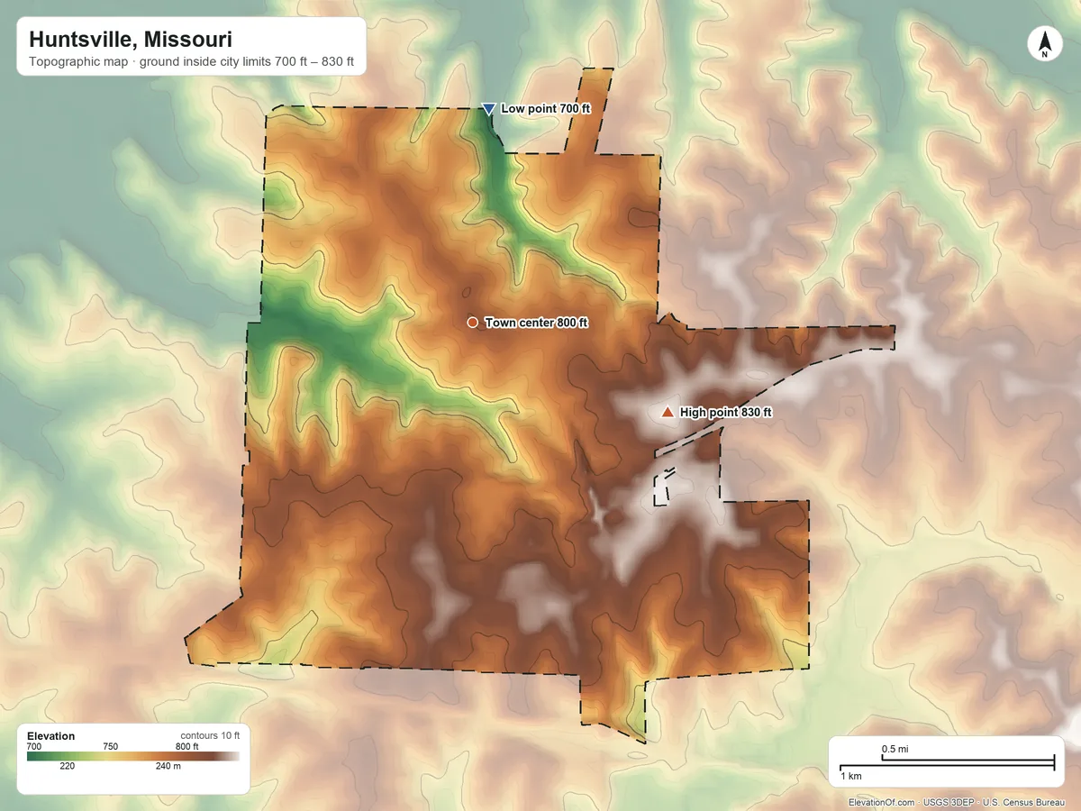 Topographic elevation map of Huntsville, Missouri, shaded from 700 ft on the north side to 830 ft on the southeast side
