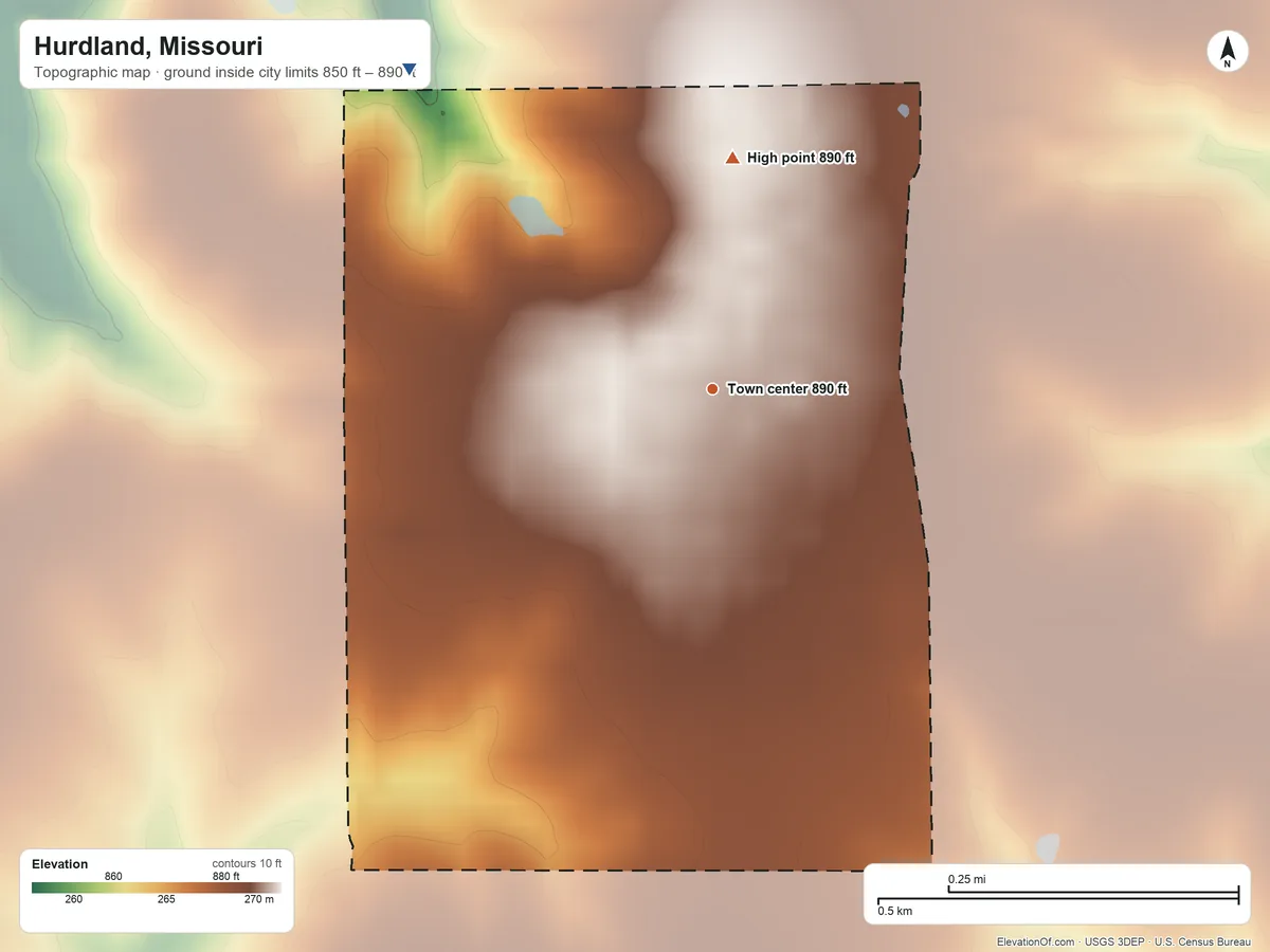 Topographic elevation map of Hurdland, Missouri, shaded from 850 ft on the northwest side to 890 ft on the north side