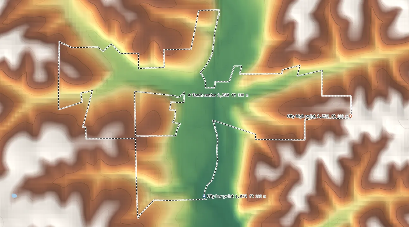 Topographic elevation map of Hurley, Missouri, shaded from 1,070 ft on the south side to 1,250 ft on the east side