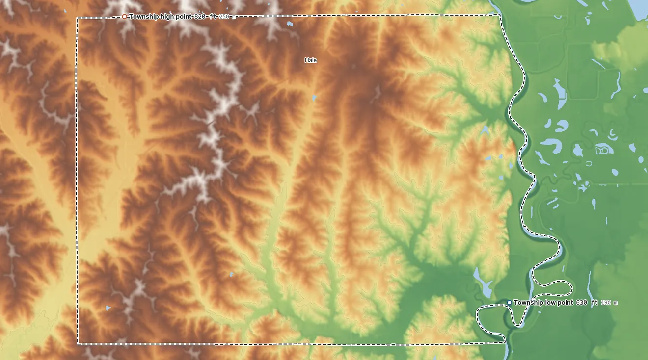 Topographic elevation map of Hurricane Township, Missouri, shaded from 630 ft on the southeast side to 820 ft on the west side