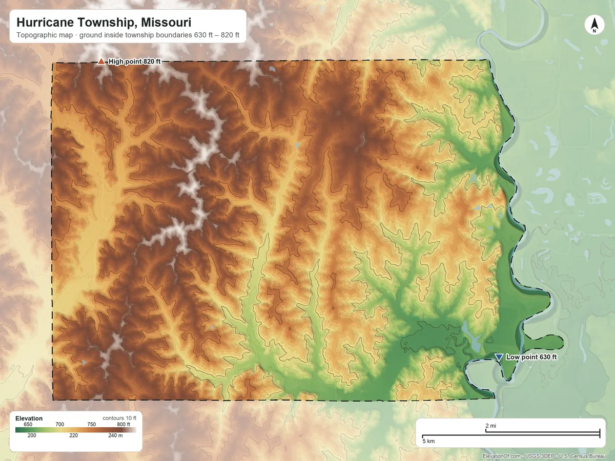 Topographic elevation map of Hurricane Township, Missouri, shaded from 630 ft on the southeast side to 820 ft on the west side
