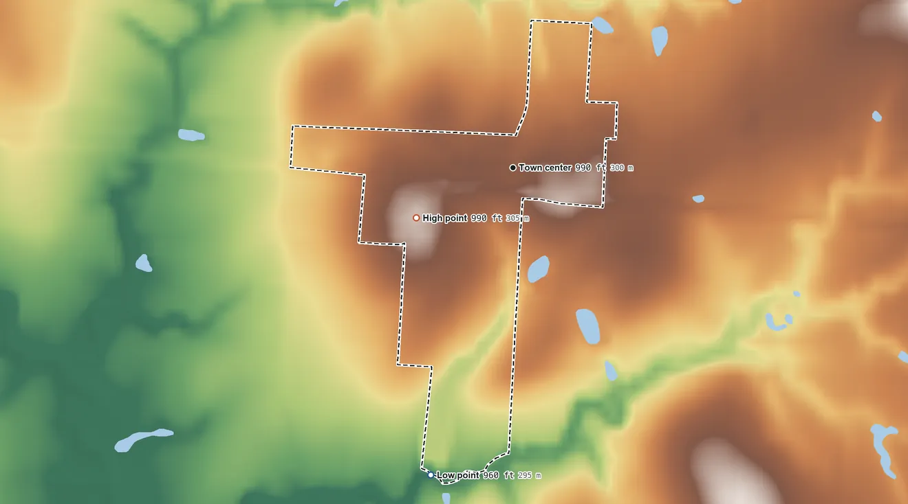 Topographic elevation map of Iantha, Missouri, shaded from 960 ft on the south side to 990 ft on the southwest side
