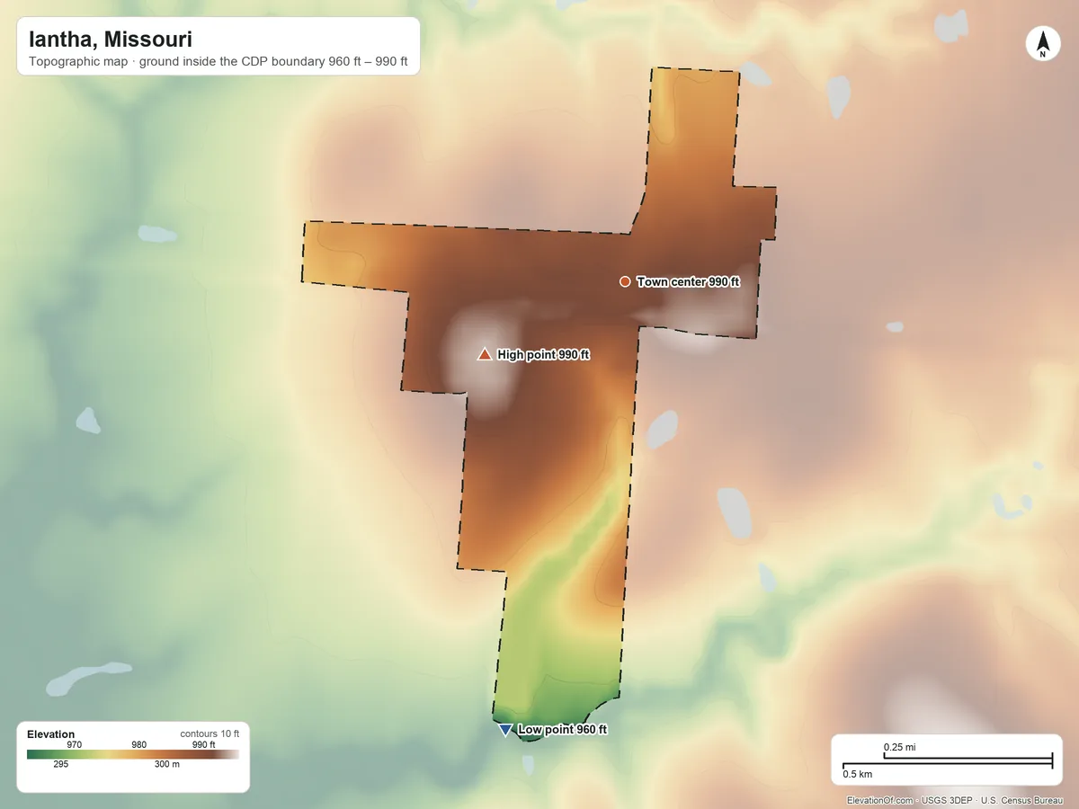 Topographic elevation map of Iantha, Missouri, shaded from 960 ft on the south side to 990 ft on the southwest side
