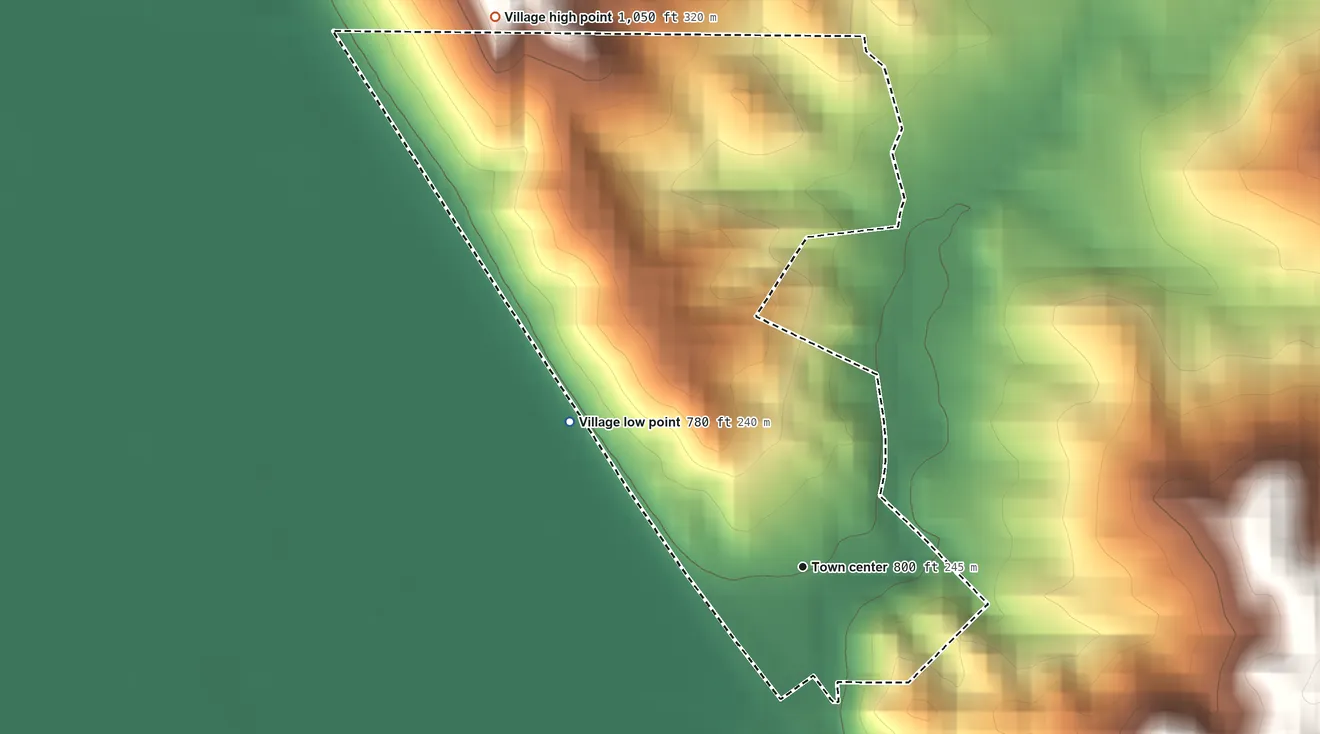 Topographic elevation map of Iatan, Missouri, shaded from 780 ft on the northwest side to 1,050 ft on the northwest side