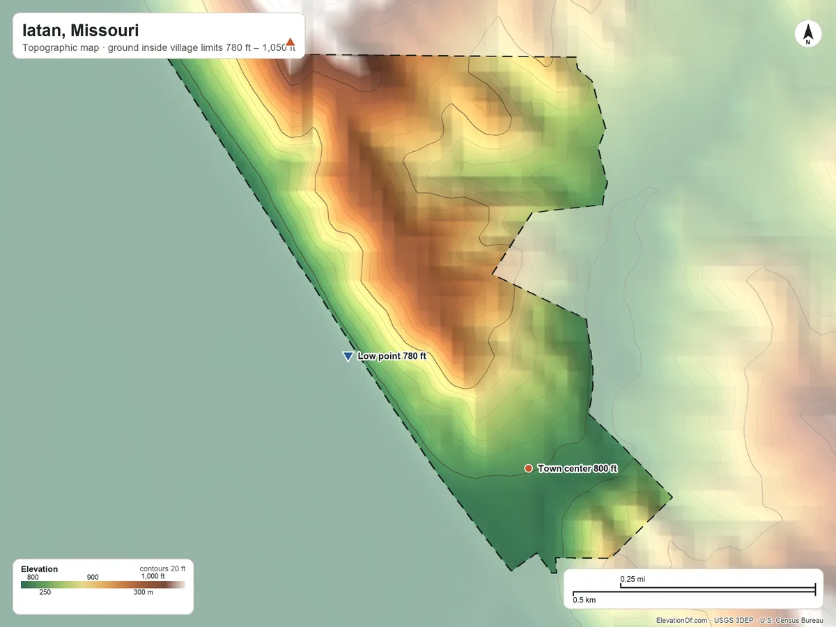 Topographic elevation map of Iatan, Missouri, shaded from 780 ft on the northwest side to 1,050 ft on the northwest side