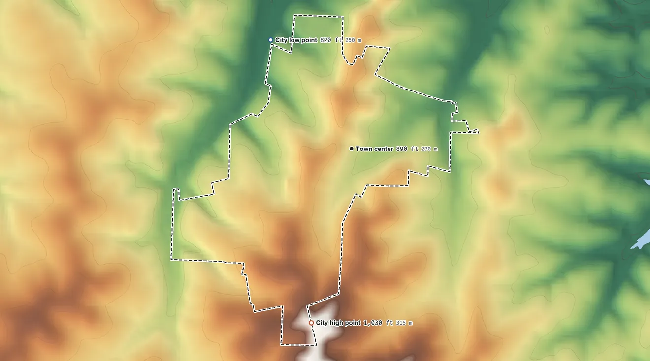 Topographic elevation map of Iberia, Missouri, shaded from 820 ft on the northwest side to 1,030 ft on the south side
