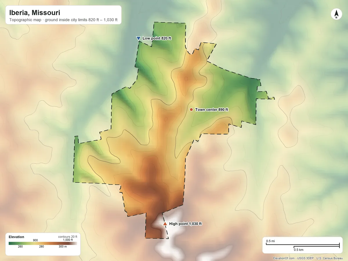 Topographic elevation map of Iberia, Missouri, shaded from 820 ft on the northwest side to 1,030 ft on the south side