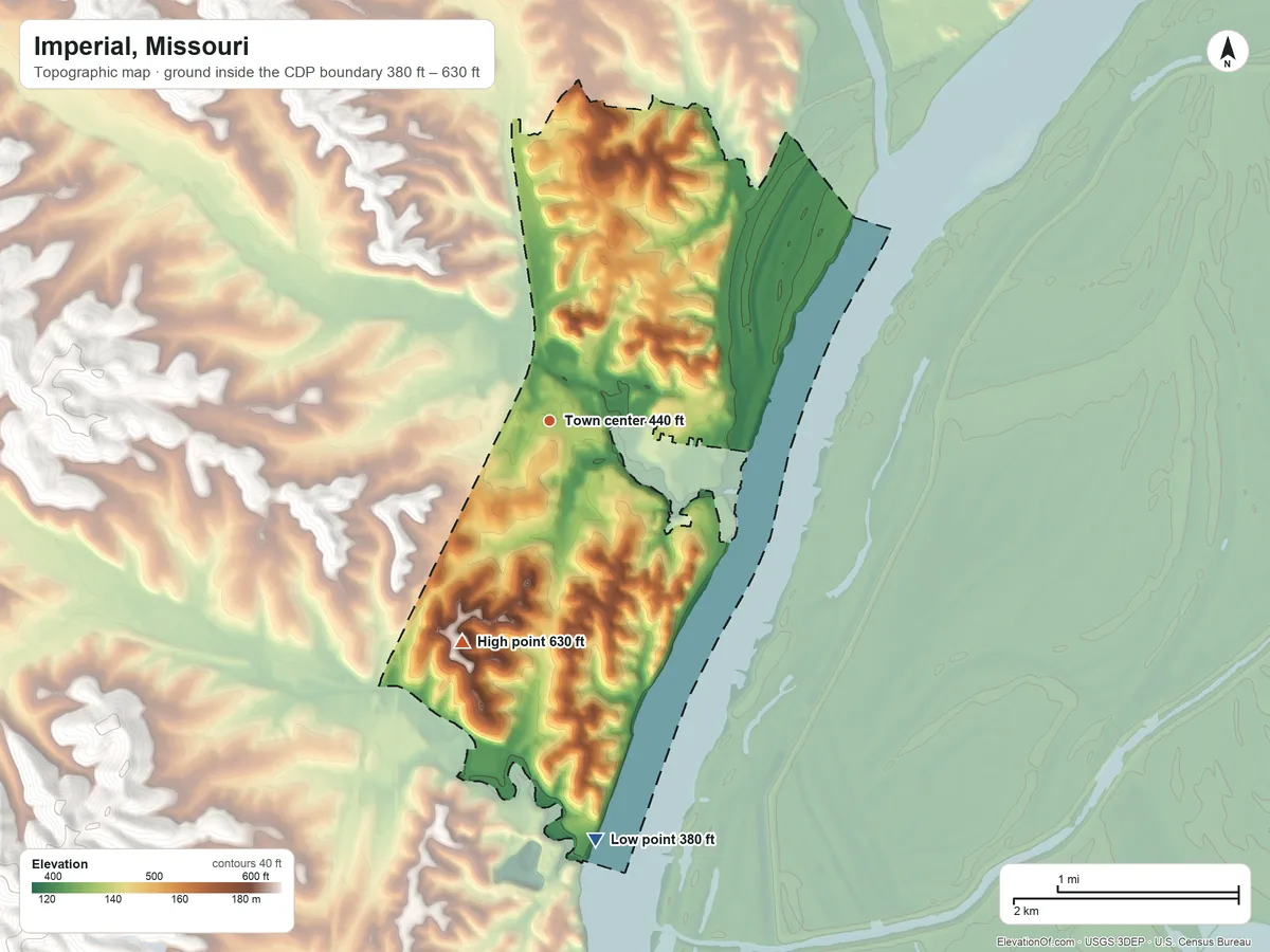 Topographic elevation map of Imperial, Missouri, shaded from 380 ft on the south side to 630 ft on the south side