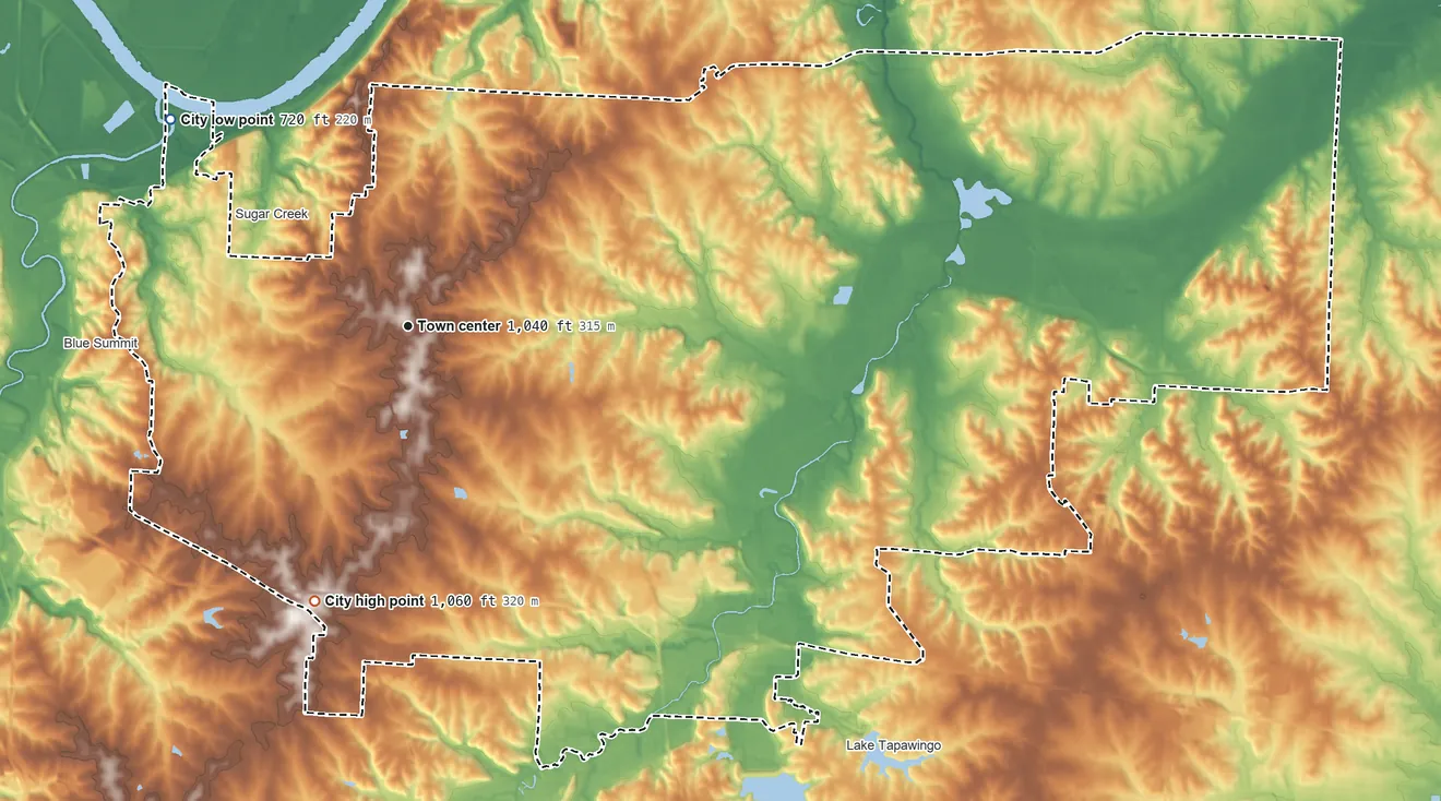 Topographic elevation map of Independence, Missouri, shaded from 720 ft on the northwest side to 1,060 ft on the south side