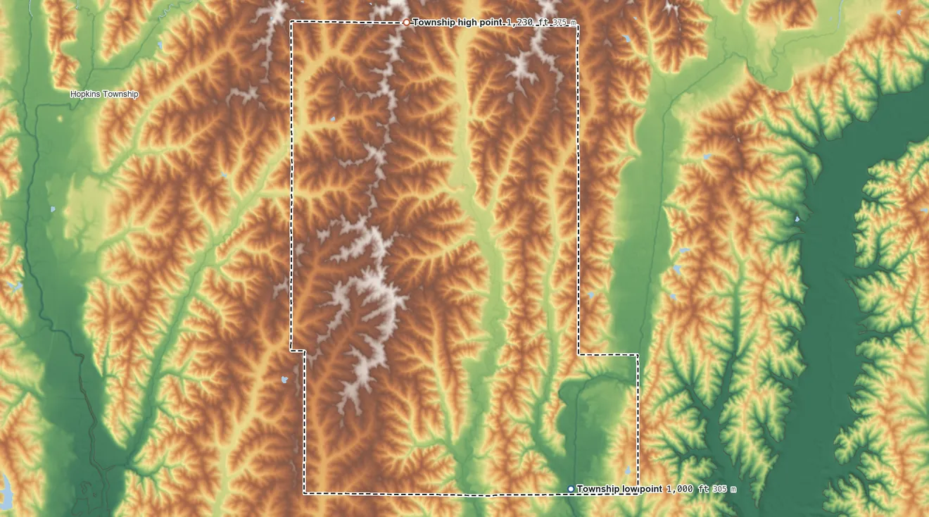 Topographic elevation map of Independence Township, Nodaway County, Missouri, shaded from 1,000 ft on the southeast side to 1,230 ft on the north side