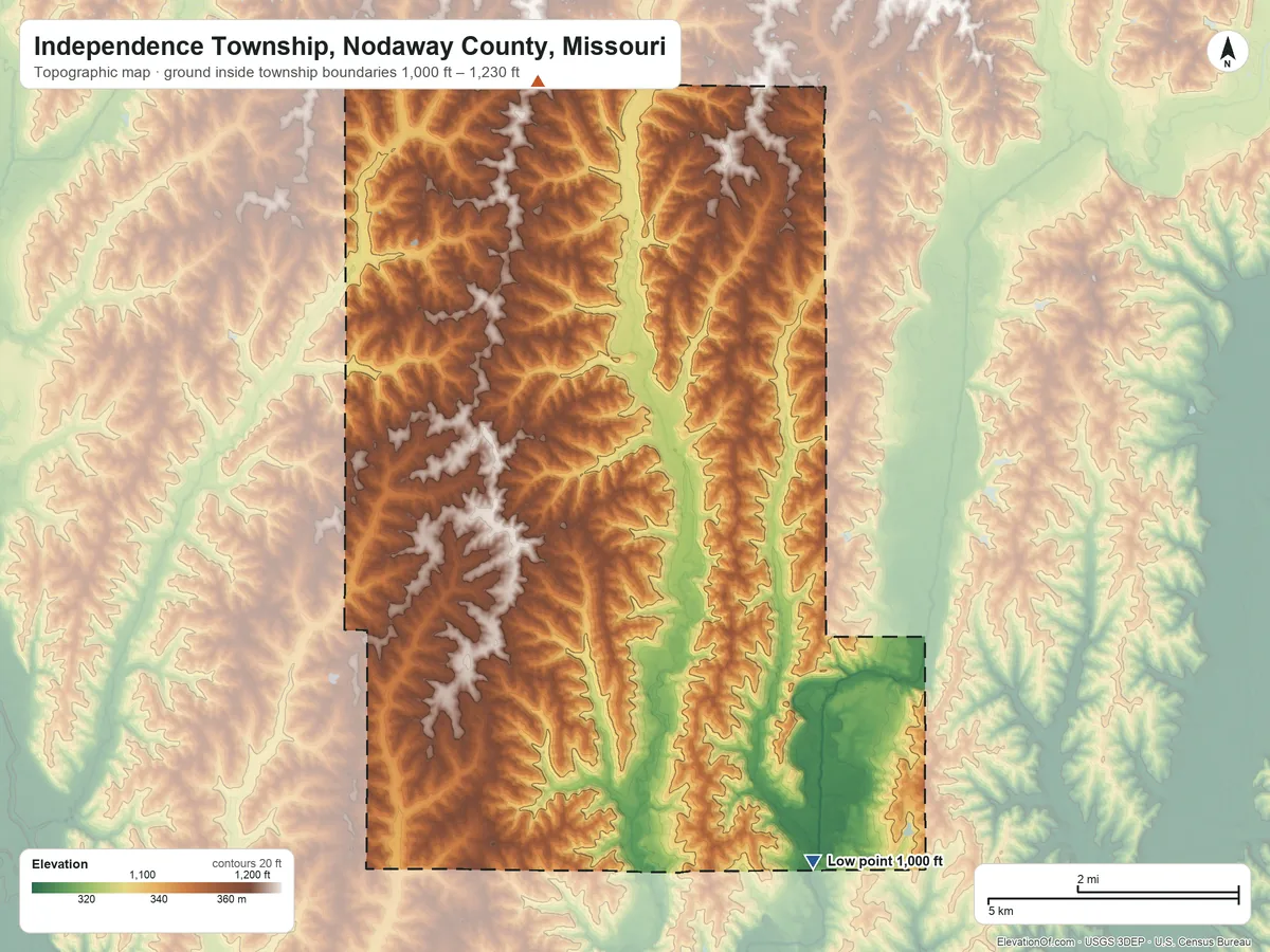 Topographic elevation map of Independence Township, Nodaway County, Missouri, shaded from 1,000 ft on the southeast side to 1,230 ft on the north side