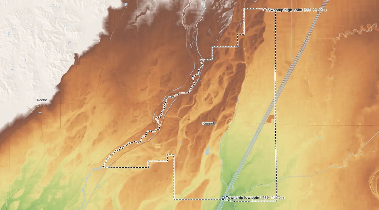Topographic elevation map of Independence Township, Missouri, shaded from 230 ft on the south side to 280 ft on the northeast side