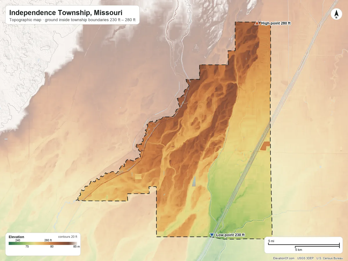 Topographic elevation map of Independence Township, Missouri, shaded from 230 ft on the south side to 280 ft on the northeast side