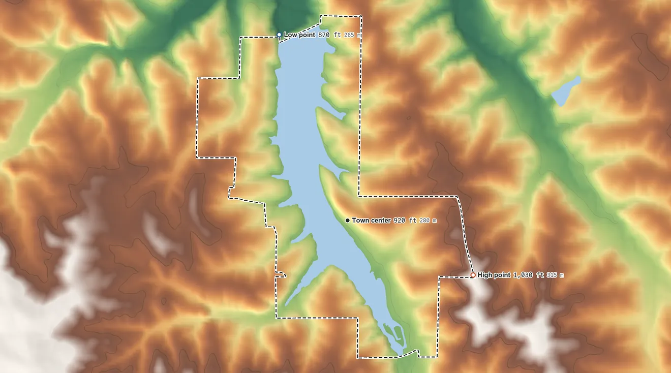 Topographic elevation map of Indian Lake, Missouri, shaded from 870 ft on the north side to 1,030 ft on the southeast side