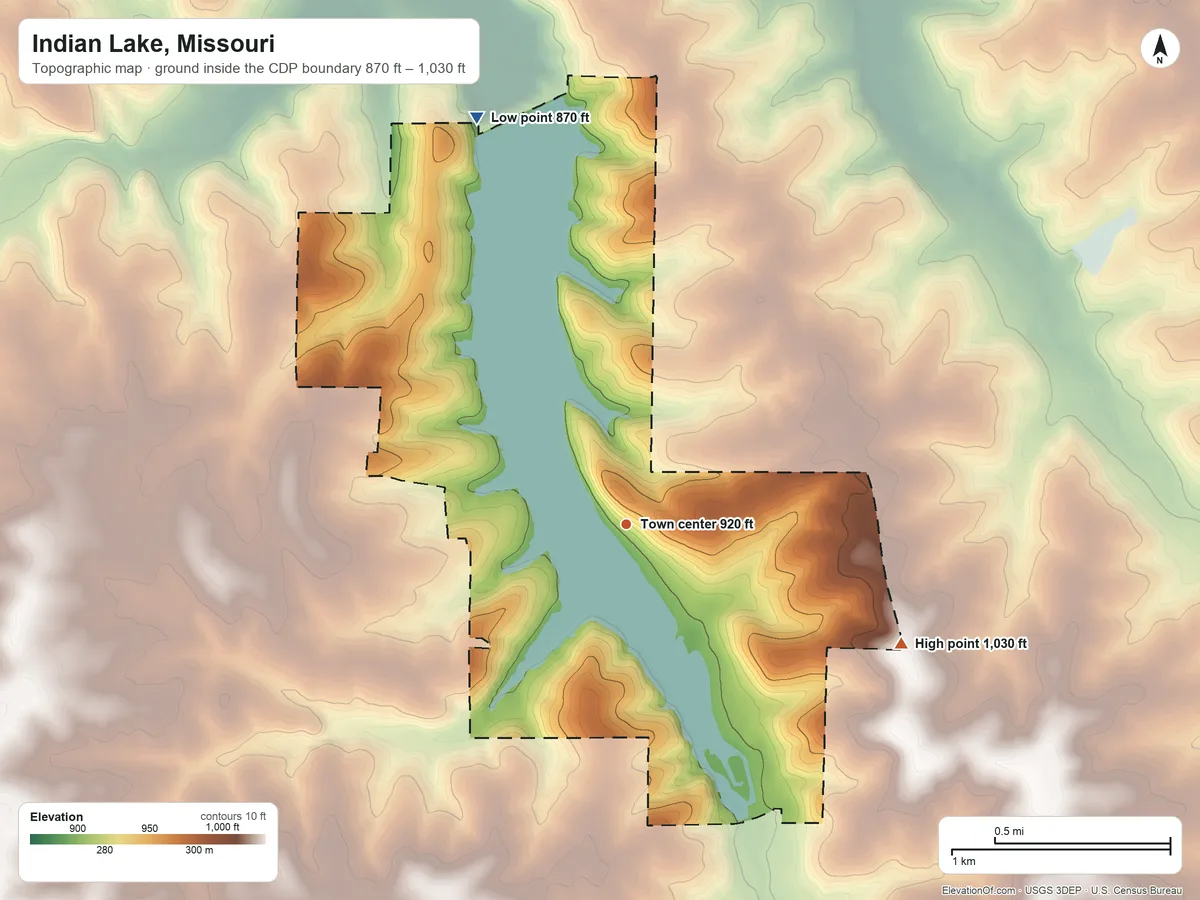 Topographic elevation map of Indian Lake, Missouri, shaded from 870 ft on the north side to 1,030 ft on the southeast side