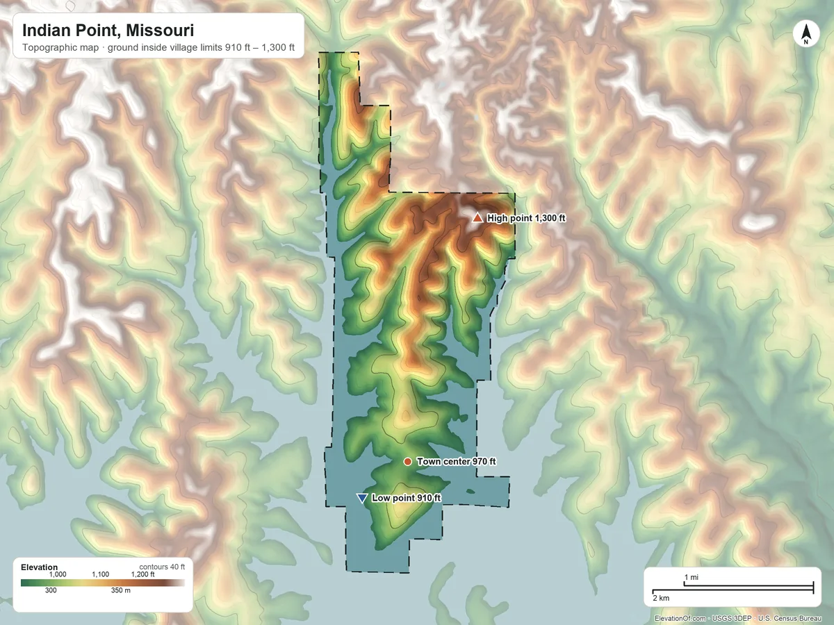 Topographic elevation map of Indian Point, Missouri, shaded from 910 ft on the southwest side to 1,300 ft on the north side