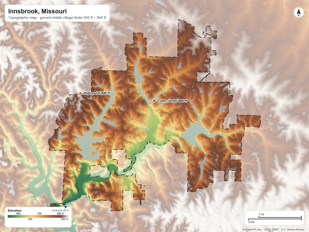 Topographic elevation map of Innsbrook, Missouri, shaded from 550 ft on the southwest side to 840 ft on the west side