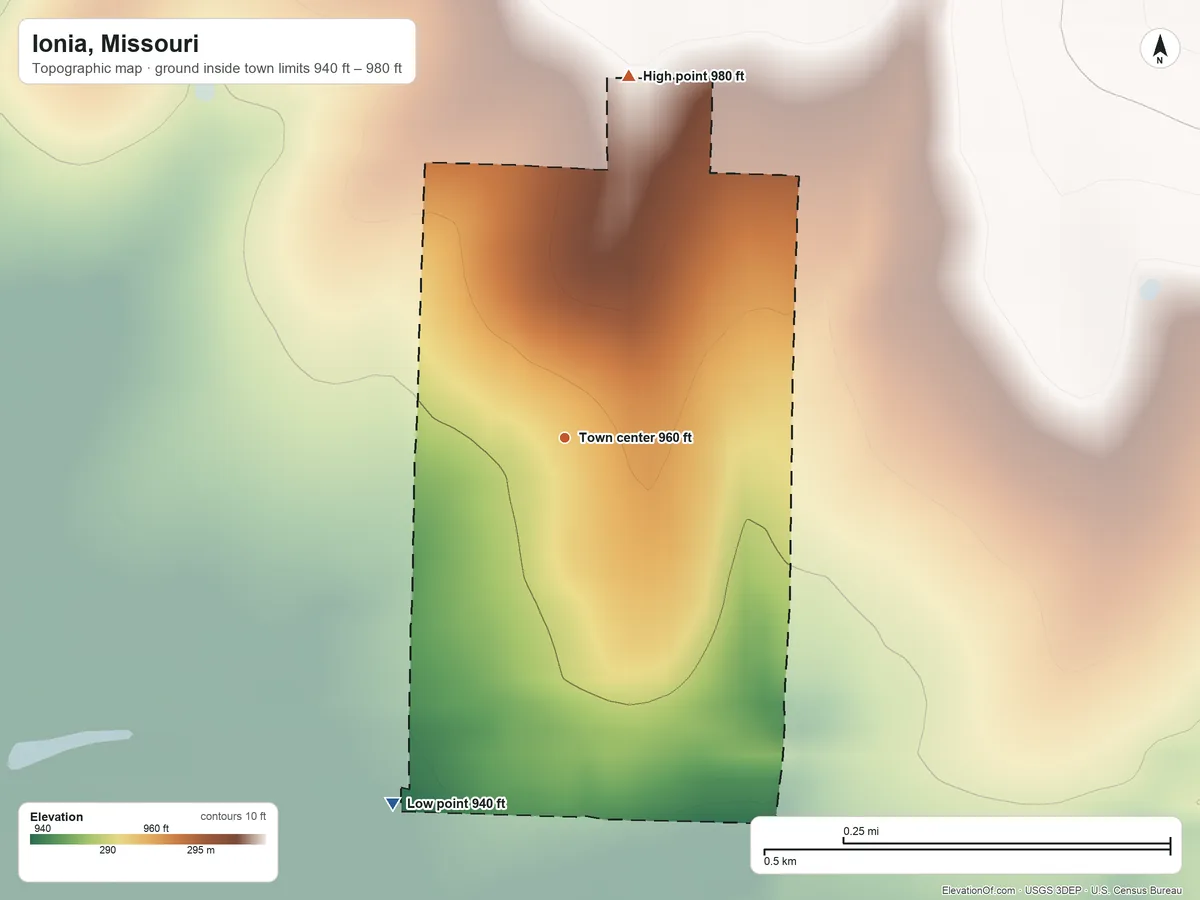 Topographic elevation map of Ionia, Missouri, shaded from 940 ft on the southwest side to 980 ft on the north side