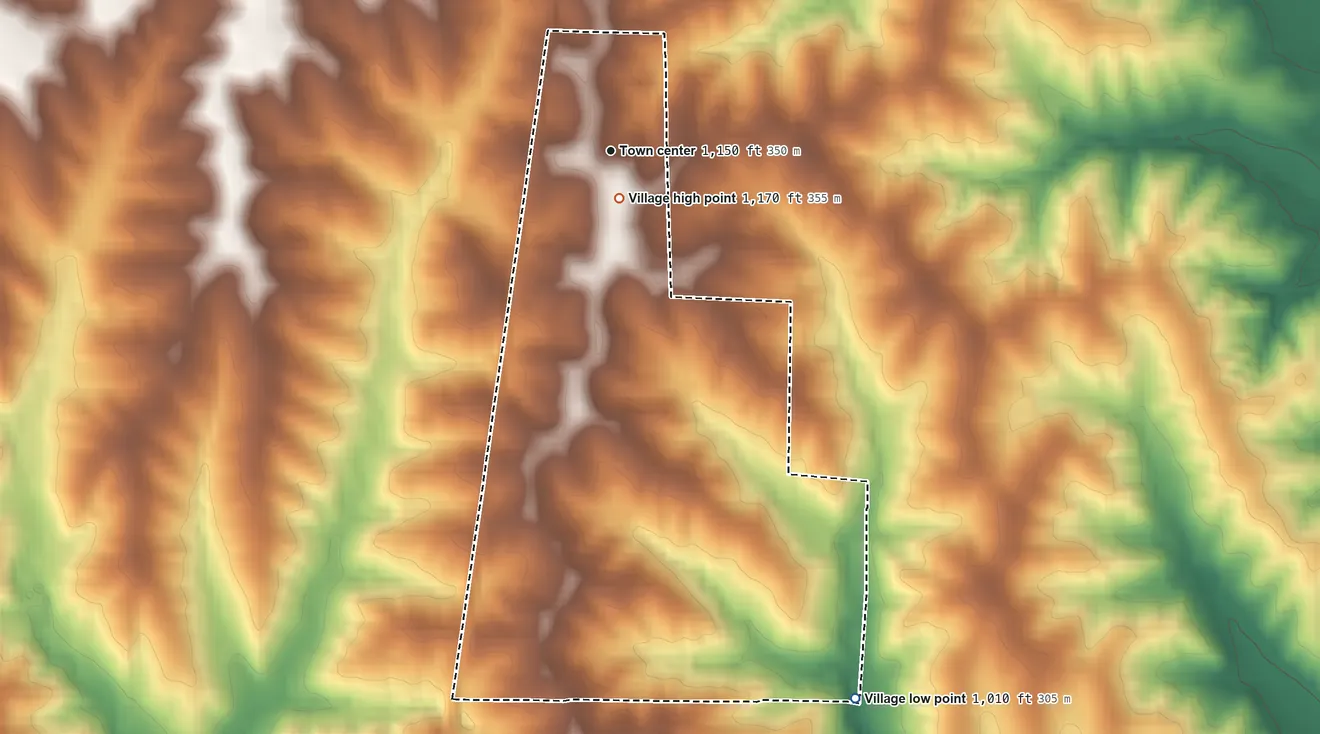 Topographic elevation map of Irena, Missouri, shaded from 1,010 ft on the southeast side to 1,170 ft near the middle
