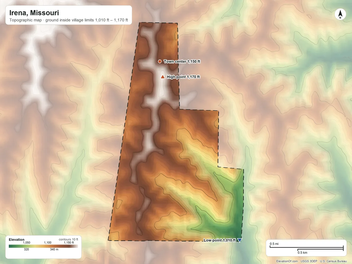 Topographic elevation map of Irena, Missouri, shaded from 1,010 ft on the southeast side to 1,170 ft near the middle